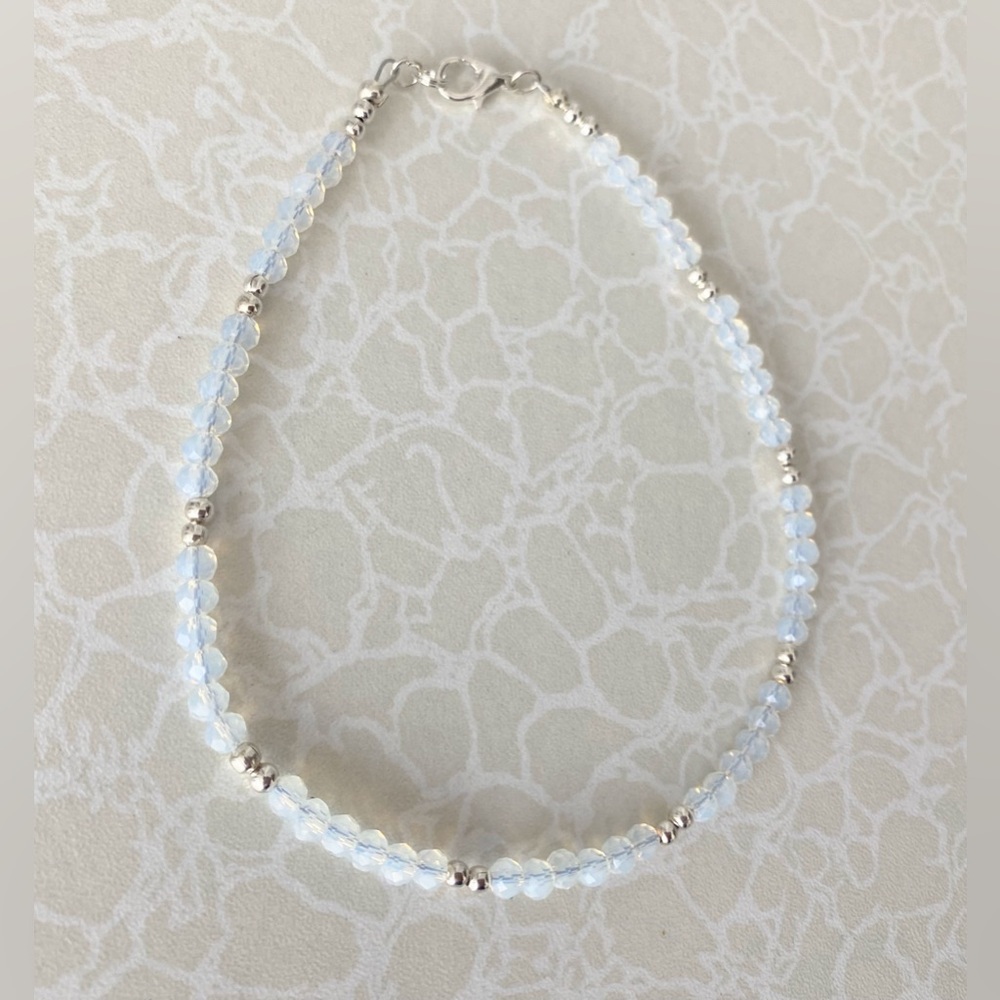 Milky White Crystal Bead Ankle Bracelet with Silver Accents - Women's Jewelry